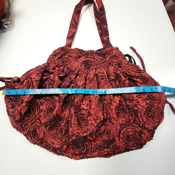 Burgundy Fabric Handbag Red Cloth Handbag Floral Motif Handbag - Picture 7 of 12